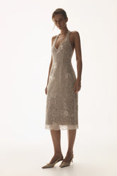 Lenore Silk Lace Halter Midi Dress - Ivory